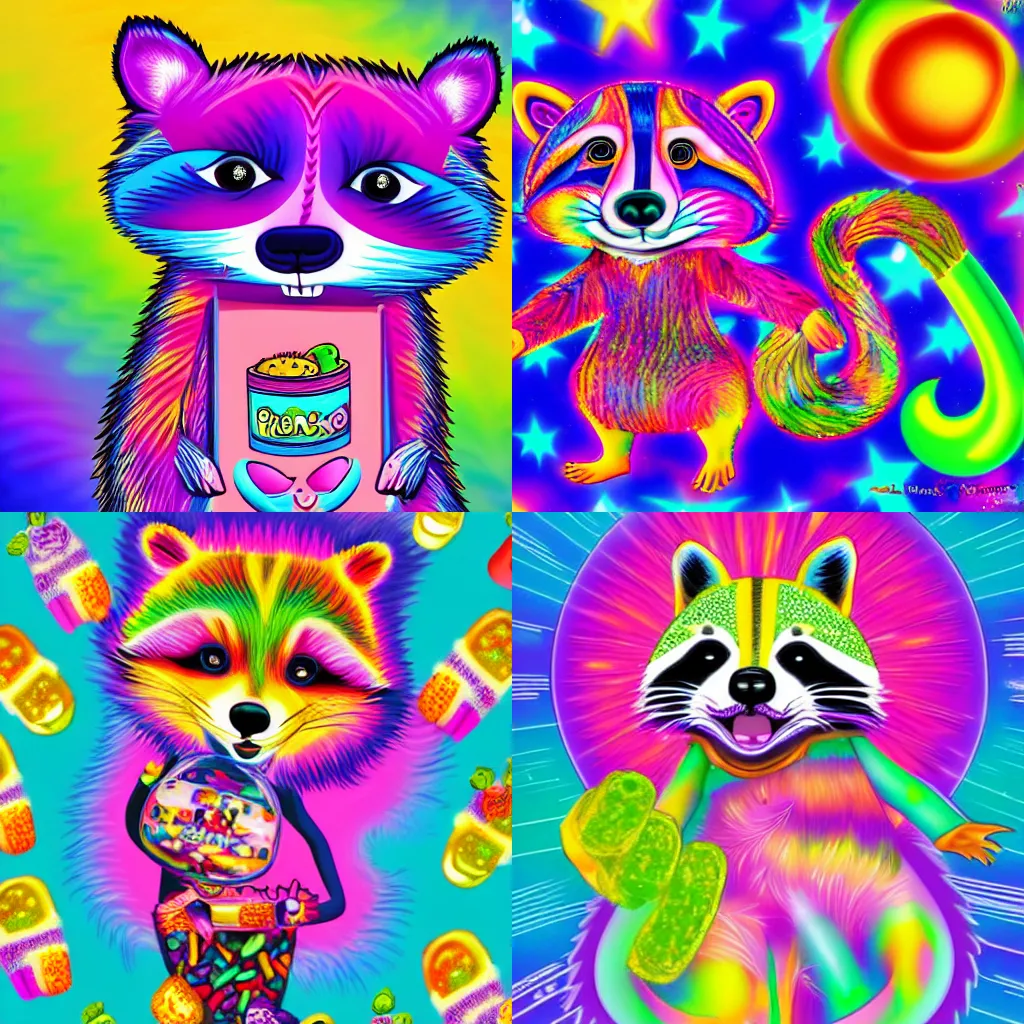 Prompt: Lisa Frank illustration of a Raccoon! dancing with tiny pickles!, 4k, high detail