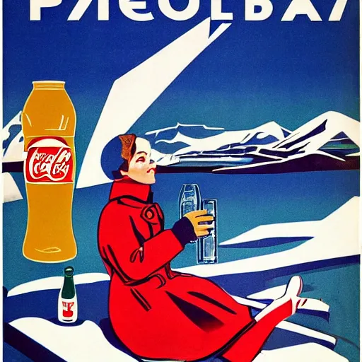 Image similar to a woman in a parka drinking a bottle of coke in an icy landscape, constructivist, russian, soviet advertisement, 1 9 5 0's