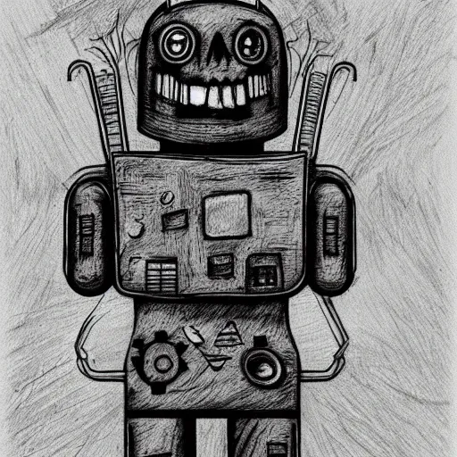 Prompt: a scary horror themed android, drawn with charcoal and pen and ink, half-tone-line-stacking