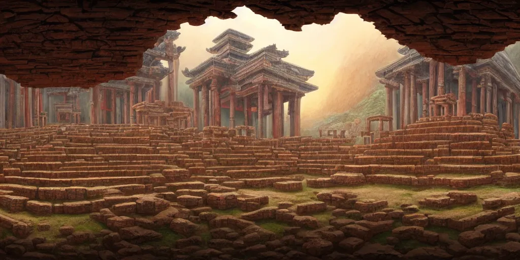 Image similar to an ancient temple made of human flesh, by Naomi Okubo, landscape, dramatic lighting, high contrast colors, panoramic view, as trending on Artstation,