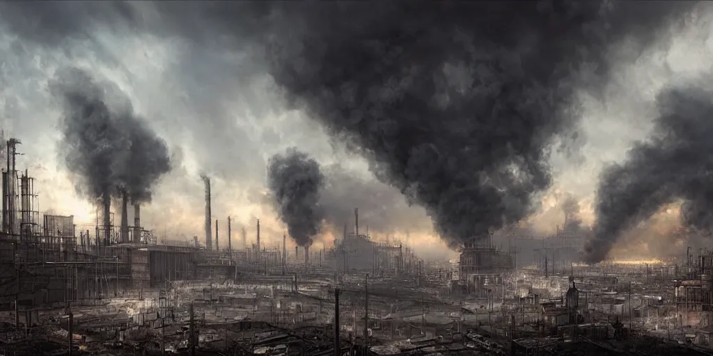 Image similar to a painting of a factory with smoke pouring out of it, a detailed matte painting by jonas de ro, cgsociety, nuclear art, dystopian art, apocalypse art, apocalypse landscape, dark, moody