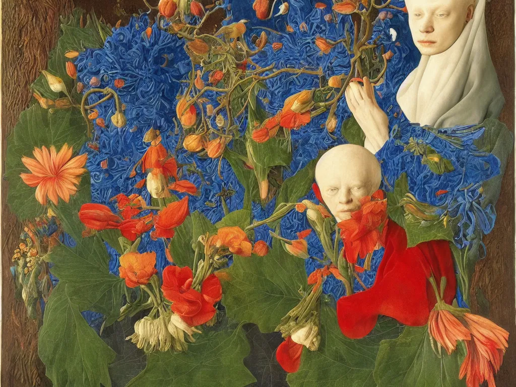 Prompt: Portrait of albino mystic painter with blue eyes, with beautiful exotic melancholy wilted flower. Painting by Jan van Eyck, Audubon, Rene Magritte, Agnes Pelton, Max Ernst, Walton Ford