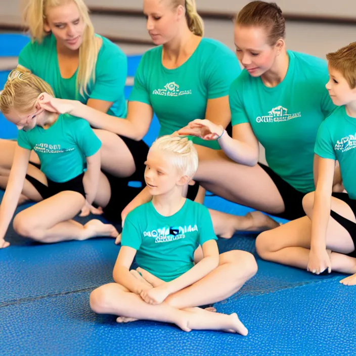 Prompt: blonde ymca gymnastics coach with aquamarine green t shirt with y logo on it teaching kids gymnastics, high detail, good lighting