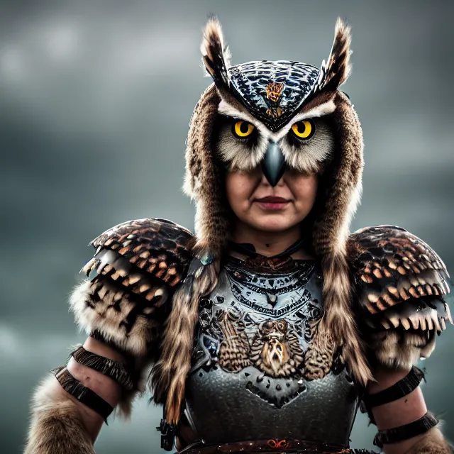 Image similar to full body photo of a beautiful cute strong warrior queen wearing owl armour, highly detailed, 8 k, hdr, smooth, sharp focus, high resolution, award - winning photo