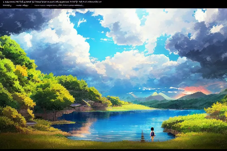 Image similar to Anime painting of a lake and mountain landscape, relaxed, calm, atmospheric, peacefull, trending on artstation, kimi no na wa