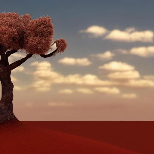 Image similar to Red sand desert,tree,cloudy,windy,dusk,cinematic composition,cinematic lighting,photo real,hyper realistic,highly detailed,8k render