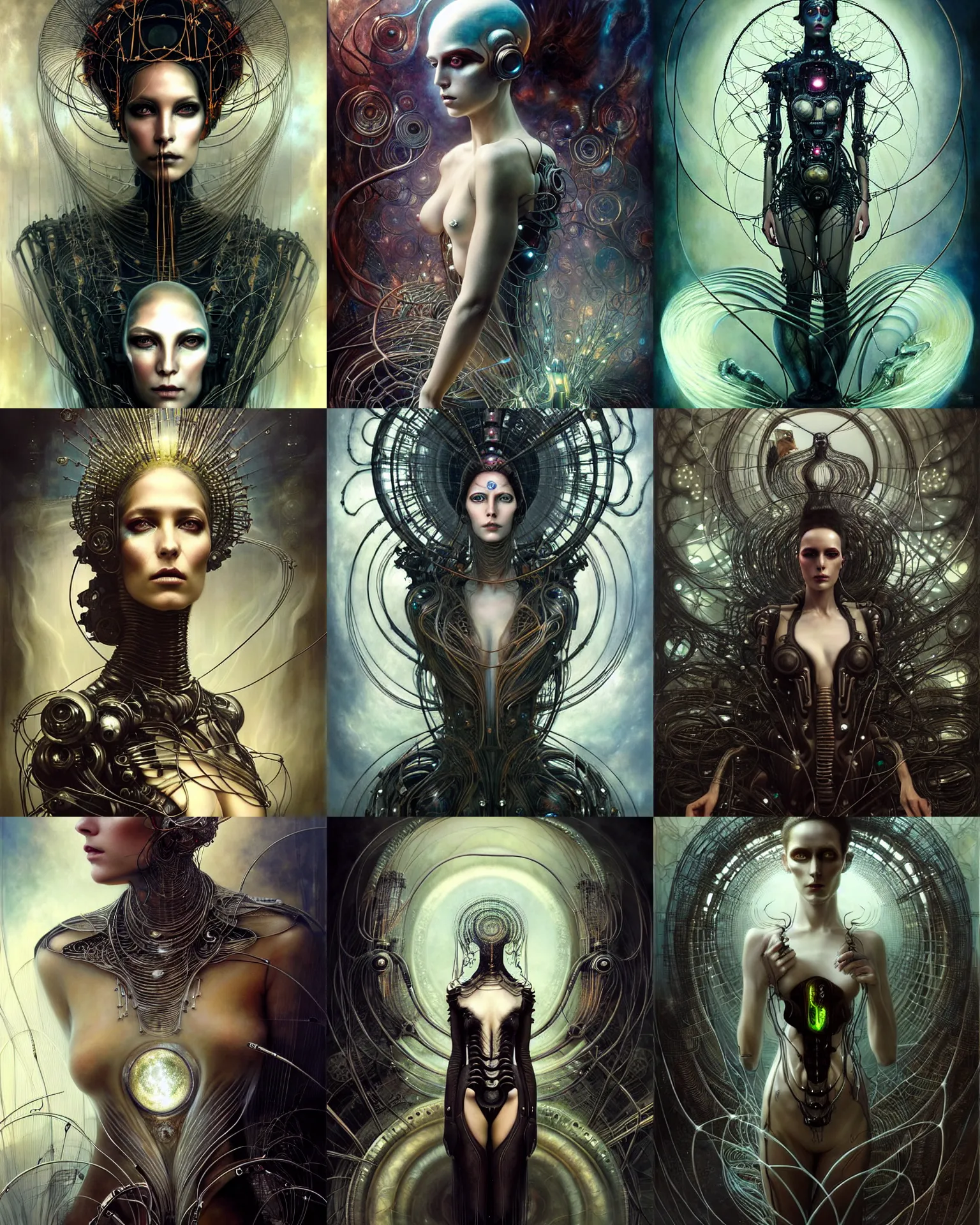 Prompt: karol bak and tom bagshaw and bastien lecouffe - deharme full body character portrait of the borg queen of sentient parasitic flowing ai, floating in a powerful zen state, supermodel, beautiful and ominous, wearing combination of mecha and bodysuit made of wires and fractal ceramic, machinery enveloping nature in the background, magnificent art