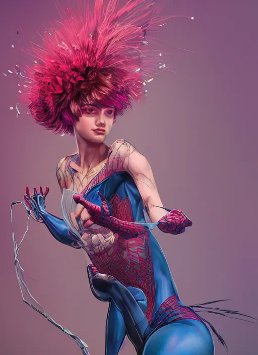 Prompt: spiderman with an pink eccentric haircut wearing an dress made of feathers dancing on stage, artwork made by ilya kuvshinov, inspired in donato giancola, hd, ultra realistic, reflection, flowers, light, realistic face, bird tattoo, trending on pixiv, 8 k, ray tracing, glorious