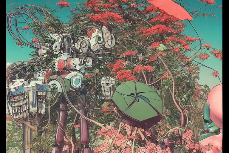 Image similar to gigantic man head, a lot of exotic vegetation around, trees, tremendous mecha robot, flowers, risograph!, oldschool vintage sci - fi flat surreal design, super - detailed, painting by moebius and satoshi kon and jodorowski and katsuhiro otomo