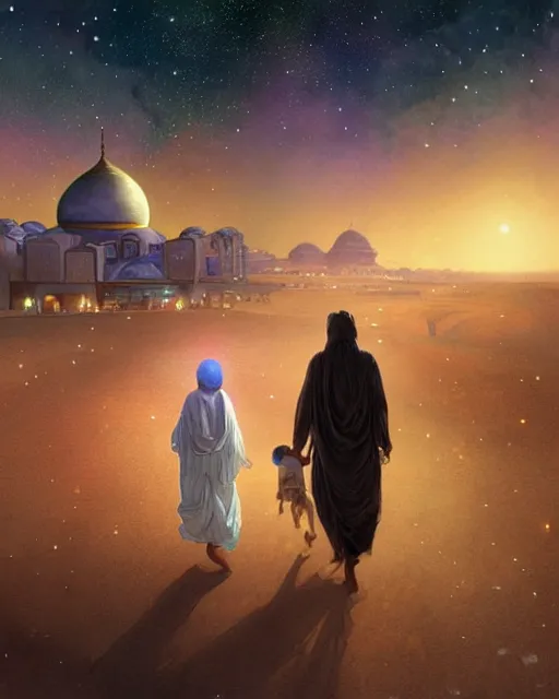 Image similar to bedouin man and woman and child in galaxy walking towards mosque surrounded by nebula, highly detailed, gold filigree, romantic storybook fantasy, soft cinematic lighting, award, disney concept art watercolor illustration by mandy jurgens and alphonse mucha and alena aenami, pastel color palette, featured on artstation