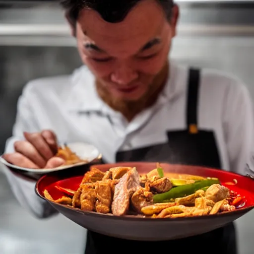 Prompt: anonymous man with face covered in stirfry pork