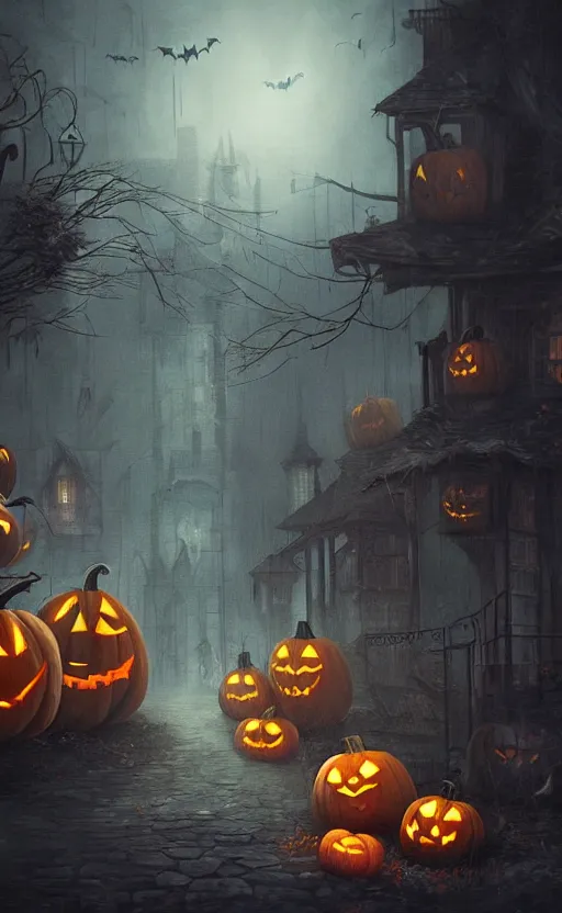 Image similar to a creepy and eery Halloween setting, with Jack o lanterns on the street and ghost roaming around, dynamic lighting, photorealistic fantasy concept art, stunning visuals, creative, cinematic, ultra detailed, trending on art station, spooky vibe