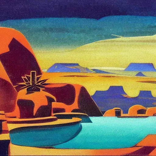 Image similar to a oil painting of a harem pool in a desertic landscape surrounded by mountain, stylised storm, by nicholas roerich, by frank frazetta by georgia o keeffe by frederick william elwell, by hans emmenegger, by eyvind earle highly detailed, realistic, outline, line work, fantasy, oriental, stylised flat colors, animation