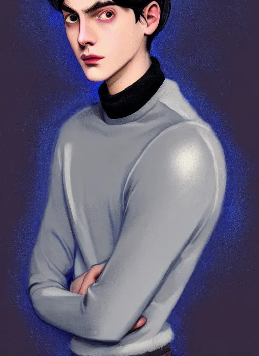 Image similar to portrait of teenage jughead jones wearing a light grey crown, crown, blue turtleneck, 1 9 5 0 s, closed eyes, photorealistic, black hair, glowing lighting, intricate, elegant, glowing lights, highly detailed, digital painting, artstation, concept art, smooth, sharp focus, illustration, art by wlop, mars ravelo and greg rutkowski