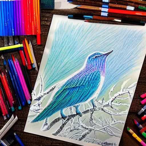 Image similar to Colored pencil art on paper, Frost Spirit Bird, highly detailed, artstation, MasterPiece, Award-Winning, Caran d'Ache Luminance