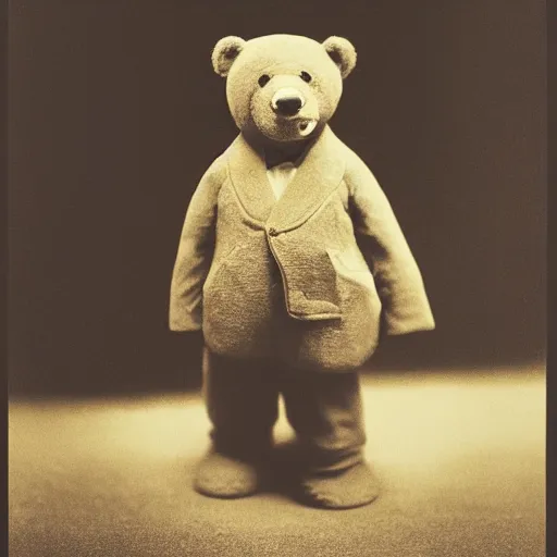 Image similar to Portrait studio photograph of Kanye West standing beside of a anthropomorphic teddy bear, close up, shallow depth of field, in the style of Felice Beato, Noir film still, 40mm