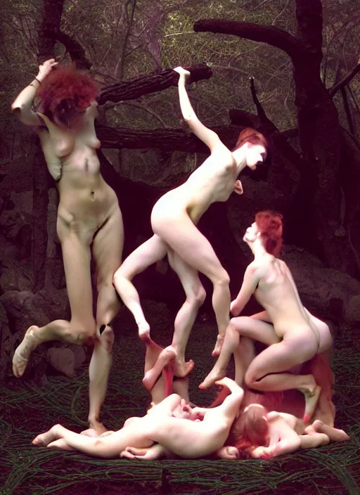 Image similar to pagan girls performing an occult esoteric satanic ritual on a goat in a deep thorns bones bloody 3d vaporwave cyber forest in 5th dimensional space, by william-adolphe bouguereau and Austin Osman Spare and Takato Yamamoto, high resolution, rendered in octane 3d