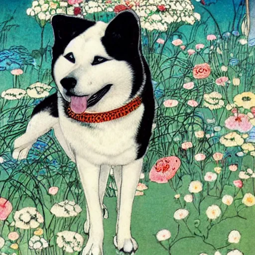 Image similar to akita inu dog wearing a floral kimono in a fanciful garden, by warwick goble and kay nielsen, highly detailed