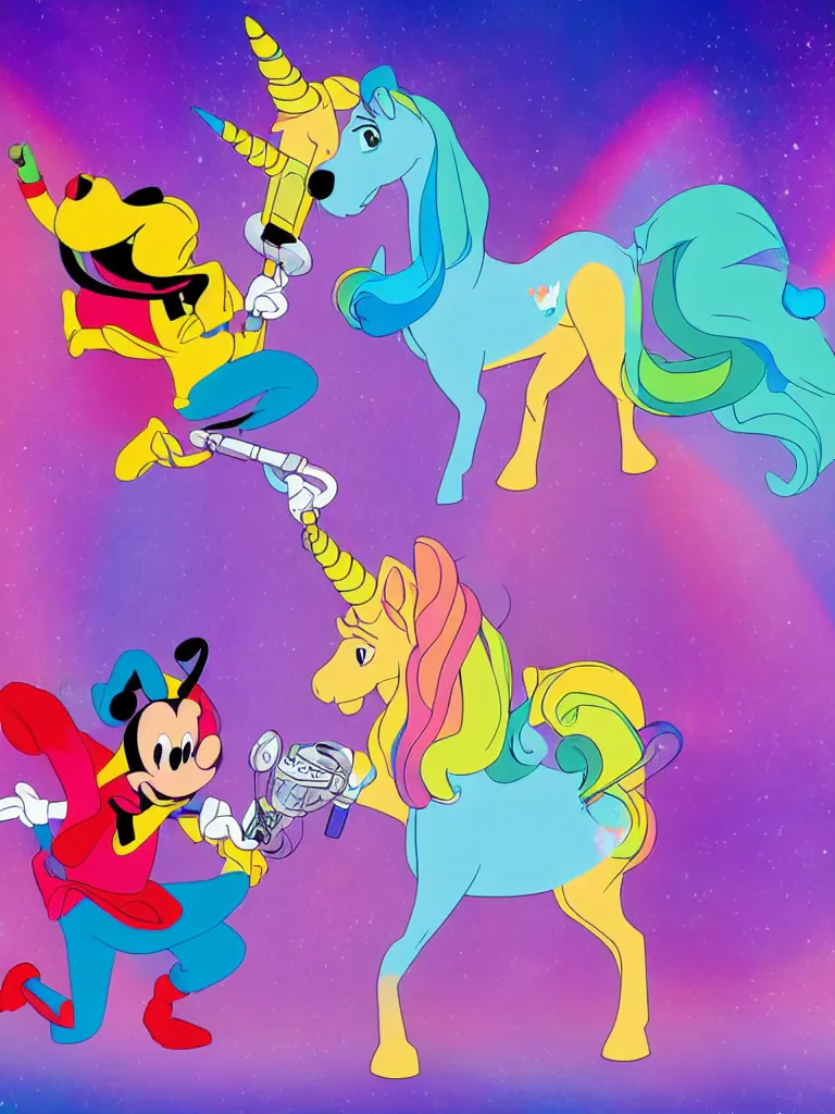 Prompt: a disney cartoon rainbow beat boxing unicorn on stage with a microphone