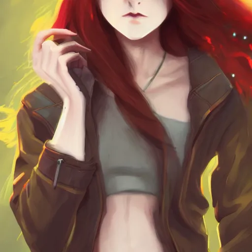 Image similar to a pale redheaded demoness with yellow eyes and horns wearing a jacket, highly detailed, digital painting, artstation, matte, by makoto shinkai, animation style