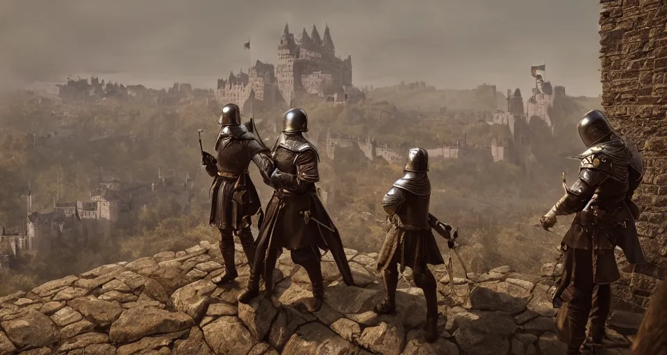 Prompt: three medieval soldiers atop a castle wall looking over a vast medieval kingdom rule by an evil king. it is a quiet morning. mist, epic, grimdark, cinematic, volumetric lighting, fantasy style, highly - detailed, unreal 5, realism