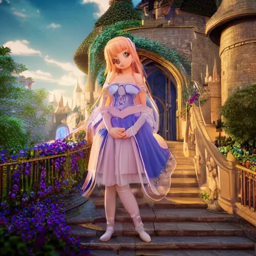 Image similar to a very detailed, ultra-realistic, pleasant, beautiful, funny, smooth 3D CG render, semirealistic anime style, close-up of a gorgeous, cute, gentle, noble priestess magician princess girl wearing dress and jewelry, in a glorious magic kingdom with castle and walls, relaxing calm vibes, fairytale, octane render