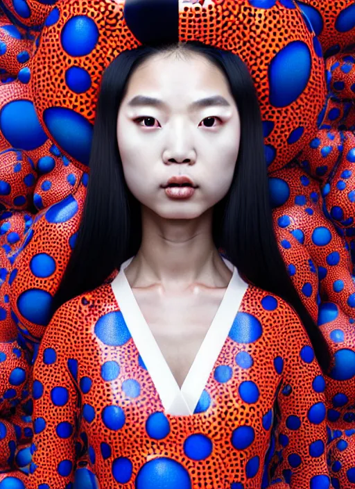 Image similar to hyperrealistic detailed image of a geisha in a art installation room, hd smooth interior by yayoi kusama, part by kei mieno, part by ross tran, dark art by james jean, ultra realistic, highly detailed, life like face, detailed body, 8 k, 3 d render by roger magrini, masterpiece