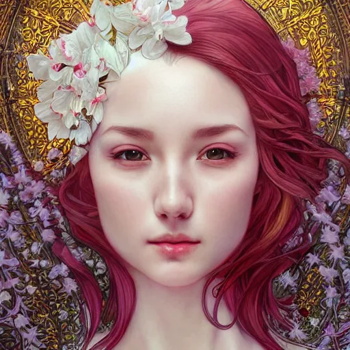 Image similar to a photograpic portrait of a anthropomorphic cherry - blossom wearing white clothes, fantasy, intricate, elegant, highly detailed, digital painting, artstation, concept art, smooth, sharp focus, illustration, art by artgerm and h r giger and alphonse mucha