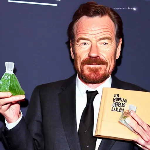 Image similar to bryan cranston holding a bag of meth inspired by Rene Laloux Dan Mumford