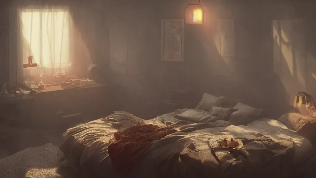 Prompt: a photorealistic hyperrealistic render of an interior of a beautifully decorated cozy bedroom by pixar, greg rutkowski, wlop, artgerm, dramatic moody sunset lighting, long shadows, volumetric, cinematic atmosphere, octane render, artstation, 8 k