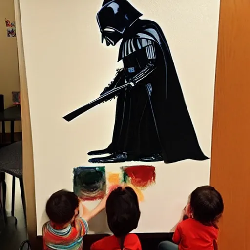 Prompt: “Darth Vader in school room with kids, painting in the style of Norman Rockwell”