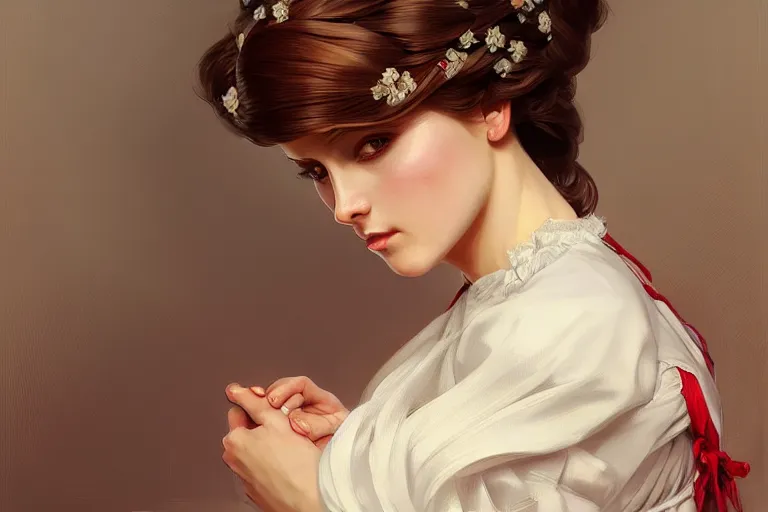 Image similar to Sensual beautiful perfect Polish woman in Polish traditional dress, portrait, elegant, intricate, digital painting, artstation, concept art, smooth, sharp focus, illustration, art by artgerm and greg rutkowski and alphonse mucha