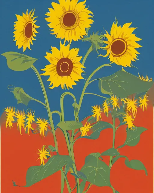 Prompt: a poster representing soldiers and sunflowers, retro, vintage, painted, sovietic era, by saul bass