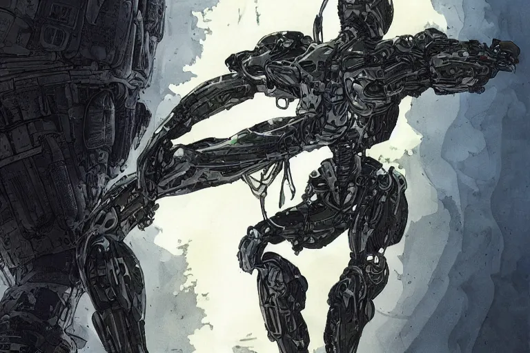 Image similar to cyborg military soldier in nanosuit with epic biological muscle augmentation, at dusk, a color illustration by tsutomu nihei and tetsuo hara