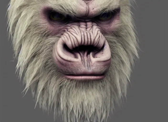 Image similar to extremely scary angry old tough rough looking albino warrior gorilla. scars, scary, gruffness, interesting 3 d character concept by square enix, in the style of league of legends, hyper detailed, cinematic, final fantasy, character concept, ray tracing, fur details, maya, c 4 d, artstation