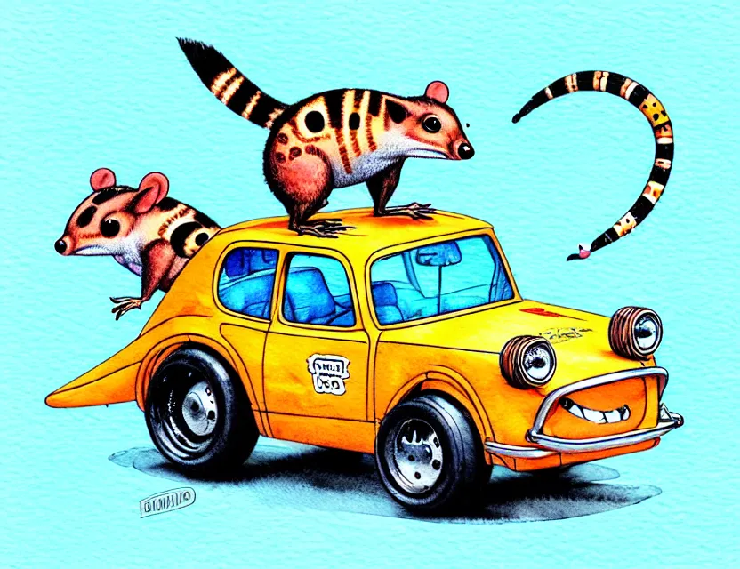 Image similar to cute and funny, quoll riding in a tiny hot rod with oversized engine, ratfink style by ed roth, centered award winning watercolor pen illustration, isometric illustration by chihiro iwasaki, edited by range murata, tiny details by artgerm and watercolor girl, symmetrically isometrically centered