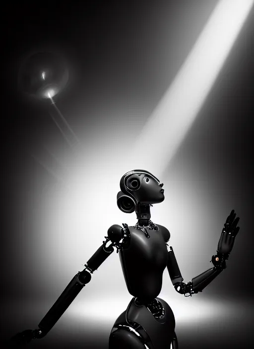 Image similar to surreal mythical dreamy dark artistic black and white fine art fashion portrait photo of a young beautiful delicate female metropolis robot giving birth, spiritual, halo, glory, rim light, cinematic, studio dramatic light, poetic, masterpiece, octane render, 8 k, photo - realistic by dora maar man ray