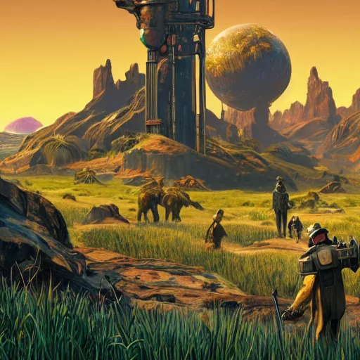 Prompt: a highly detailed beautiful matte painting of the Outer Worlds screenshot, a tall grass field, broken machinery communist propaganda posters, 1920, 8k graphic design