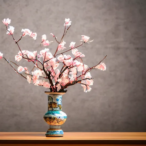 Image similar to a photo of 8k Ikebana in flower vase, ikenobo, ohararyu, sougetsu, wide angle, full body, sony a7r3, ultra detail, photorealistic, in simple background