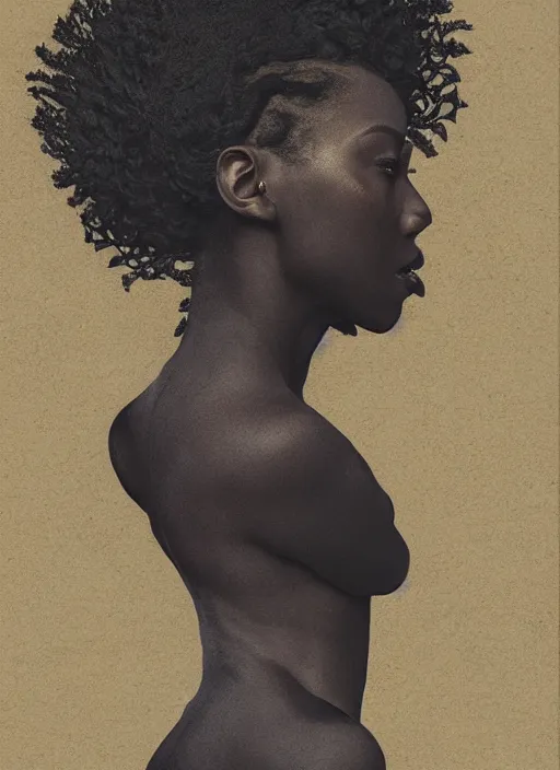 Prompt: a beautiful black woman's face in profile made of leaf skeleton, white hair, in the style of the dutch masters, gregory crewdson, rene magritte and rutkowski, dark and moody, matte, 8 k, hyper detailed, hyper realistic, intricate detail,