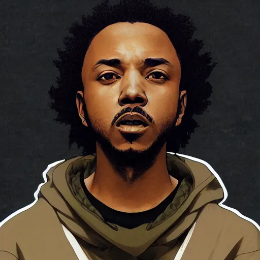 Prompt: kendrick lamar, anime style, wearing sweatshirt, shoulder eyes, last exile anime, symmetrical facial features, from arknights, hyper realistic, 4 k, rule of thirds, extreme detail, detailed drawing, trending artstation, realistic lighting, by alphonse mucha, greg rutkowski, short neck