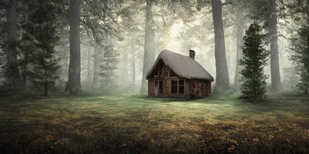 Prompt: a cottage in the woods and empty woods, fantasy, hyper realistic, dramatic lighting, 8k