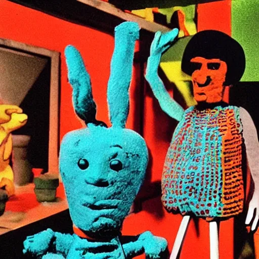 Image similar to a claymation film still of anthropomorphic object / collection / ethnographic museum / claymation by andy warhol