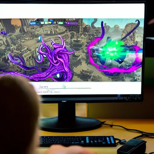 Image similar to view from behind of an eldritch lovecraftian cosmic horror wearing headset watching monitor displaying fortnite, intricate detail, cinematic composition