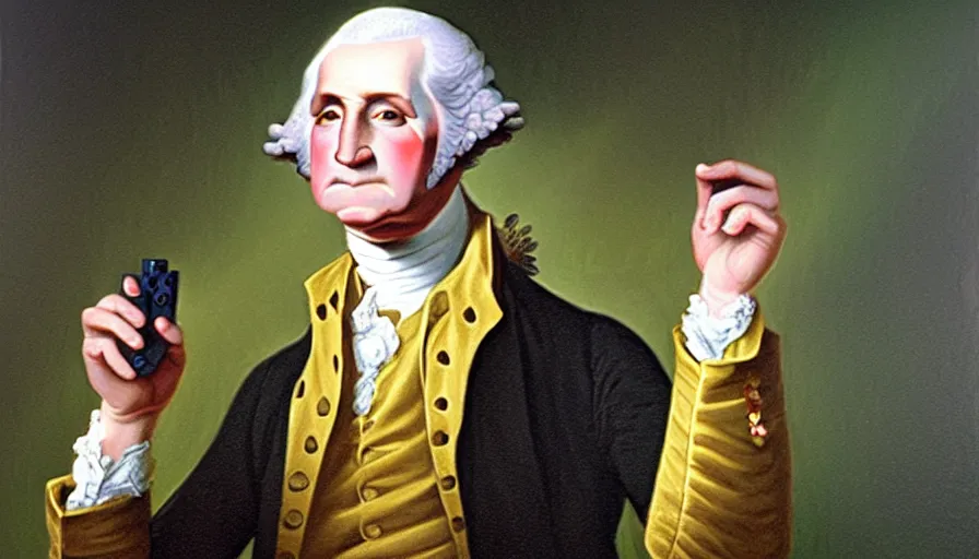 Prompt: george washington holding playstation controller! in the style of an oil painting, historical, highly detailed