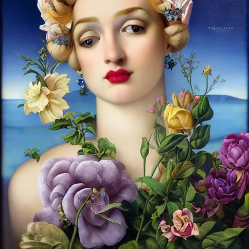 Prompt: dynamic composition, facing forward, blonde woman with hair of spring flowers wearing ornate earrings, ornate gilded details, pastel colors, a surrealist painting by tom bagshaw and jacek yerga and tamara de lempicka and jesse king, wiccan, pre - raphaelite, featured on cgsociety, pop surrealism, surrealist, dramatic lighting