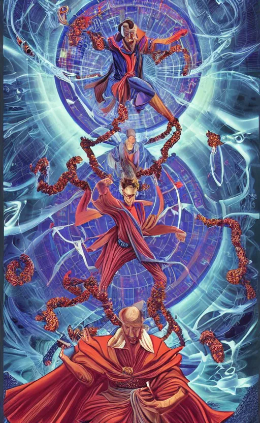 Image similar to hyper realistic third first image on the scattered absurdity server, dr strange and dr seuss, very pretty, portal hopping and time warping with reckless abandon, by alex grey