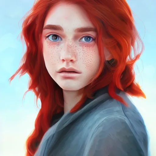 Image similar to portrait of a teen girl with freckles with long red hair and bright brown eyes, 8 k, highly detailed, digital painting, artstation, sharp focus, illustration