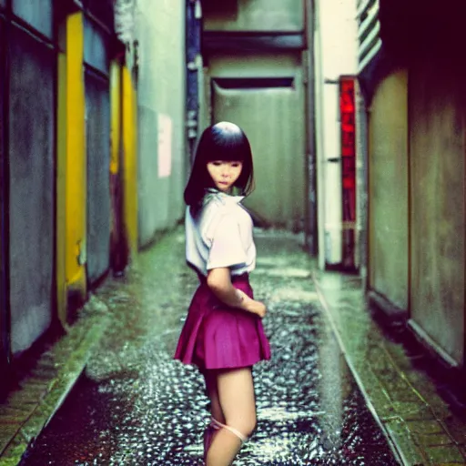 Image similar to 1990s perfect 8K HD professional cinematic photo of close-up japanese schoolgirl posing in sci-fi dystopian alleyway at morning during rain, at instagram, Behance, Adobe Lightroom, with instagram filters, depth of field, taken with polaroid kodak portra