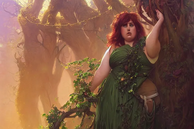 Prompt: Rebel Wilson druid with leaf and vine themed clothing, glowing energy, D&D, fantasy, intricate, cinematic lighting, highly detailed, digital painting, artstation, concept art, smooth, sharp focus, illustration, art by Artgerm and Greg Rutkowski and Alphonse Mucha